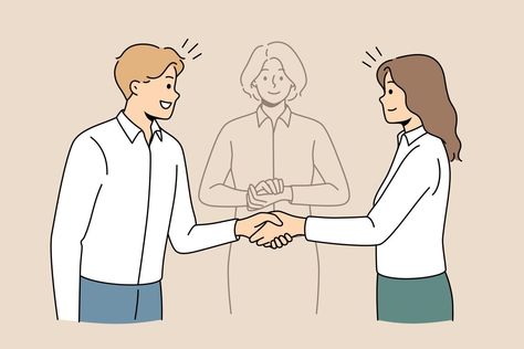 Business partners shake hands find solution with help of mediator. Happy employees or colleagues come to agreement resolve problem with impartial arbitration. Vector illustration. Happy Employees, Hand Clipart, Business Partners, Shake Hands, Business Partner, Business Solutions, Premium Vector, Graphic Resources, Vector Art