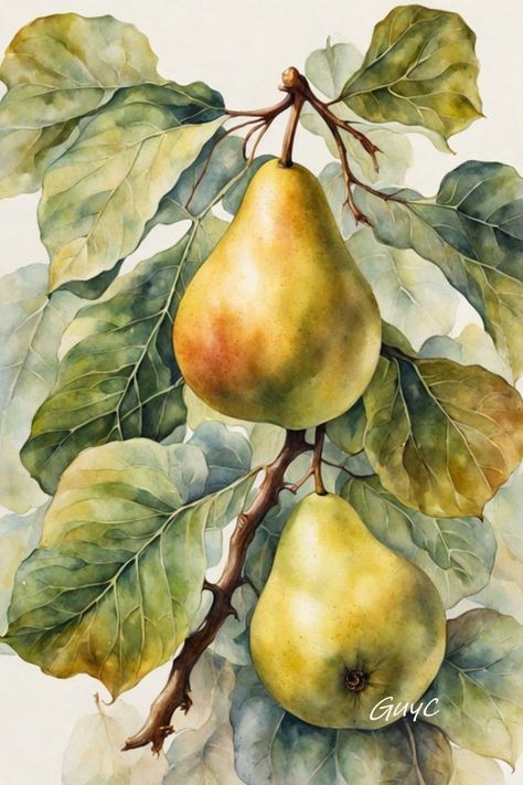 Watercolor Fruit Paintings, Watercolor Pears, Pear Watercolor, Botanical Art Drawing, Minimal Tattoo Designs, Minimal Tattoo Ideas, Vegetable Painting, Pear Art, Art Tutorials Watercolor