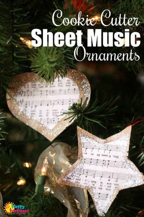 Cookie Cutter Sheet Music Ornaments for Kids to Make Toddler Ornaments, Sheet Music Ornaments, Music Christmas Ornaments, Sheet Music Crafts, Happy Hooligans, Easy Ornaments, Music Ornaments, Christmas Crafts For Toddlers, Christmas Sheet Music