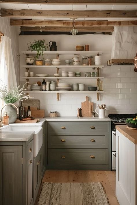 20+ Charming Cottage Kitchen Design Ideas for Small Spaces - Quiet Minimal Small Cottage Interior Design, Charming Cottage Interior, Country Cottage Small Kitchen, 1850s Kitchen, Minimal Cottage Kitchen, Light Green Kitchen Cabinets French Country, Cottage Kitchen Stone Wall, U Shaped Kitchen Island, Green Cottage Kitchen