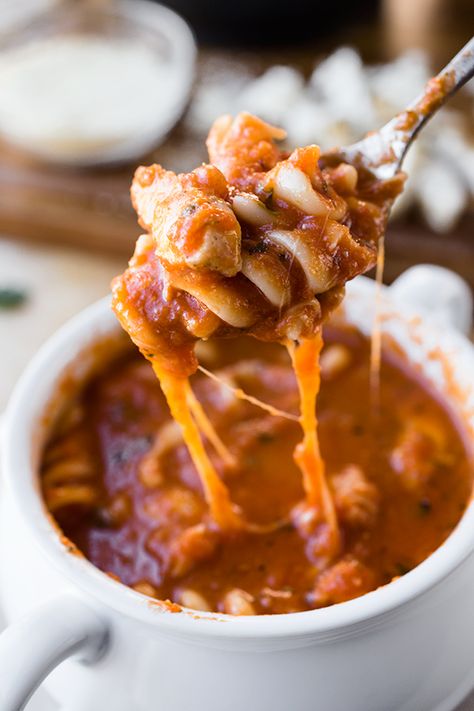 Grilled Chicken Parmesan Soup | thecozyapron.com Chicken Parmesan Soup Recipe, Chicken Parmesan Soup, Fusili Pasta, Grilled Chicken Parmesan, Chicken Mozzarella, Parmesan Soup, Soups Stews Chilis, Fusilli Pasta, Hearty Chicken