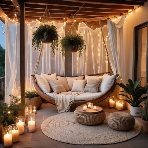 Daybed On Balcony, Swings In Balcony, Mother In Law House, Balcony Hammock, Balcony Renovation, Wall Clock Ideas, Burgundy Christmas Decor, Small Cottage House, Bad Case Of Stripes