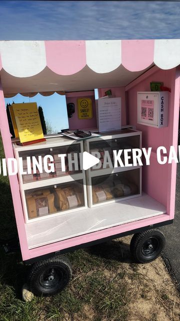 Anna on Instagram: "Building the Bakery Cart 🎀 🚚  #bakerycart #roadsidestand #bakery #selfserve #localbusiness #microbakery #sourdough #bakedgoods" Bakery Vendor Booth Display Ideas Food, Food Cart Ideas Business, Road Side Bakery Stand, Self Serve Bakery Cart, Mobile Bakery Cart, Mobile Bakery Ideas, Diy Bakery Cart, Bakery Shed, Bakery Stand Ideas