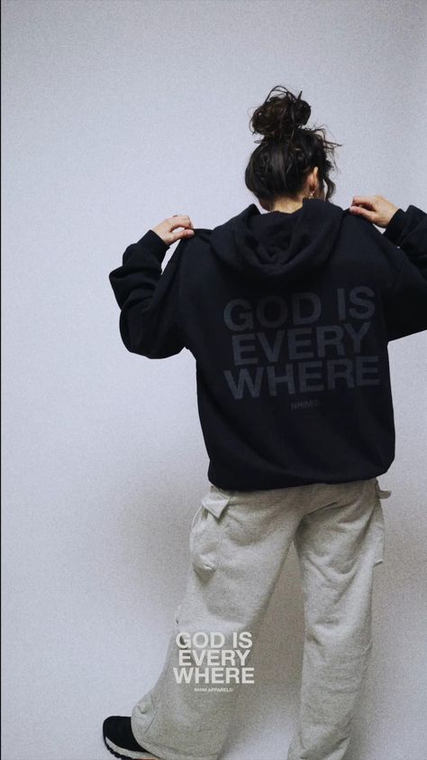 Blackout hoodie with the message "GOD IS EVERYWHERE" is back in stock! Perfect for those who want to show their faith in a stylish way. #godiseverywhere #faith . #Couture #Hoodie_And_Joggers_Outfit_Men #Hoodie_Branding_Ideas #Tshirt_Ads Hoodie Photography, God Is Everywhere, Hoodie Design Ideas, Advertising Clothing, Faith Based Clothing, Desain Editorial, Christian Fashion, Apparel Brand, Shirt Print Design