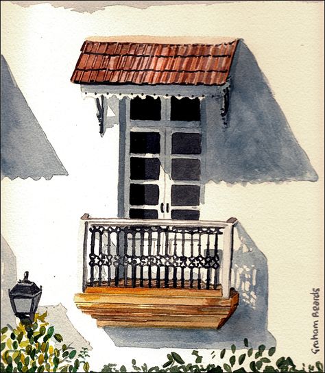 Goa Sketch, How To Draw A Balcony, Balcony Design Drawing, Goa Painting, Goa Paintings Art, Building Sketches Simple, Balcony Sketch Drawing, Balcony Sketch, Watercolor Art House