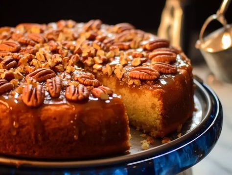 Pecan Upside Down Cake, Pecan Halves, Pecan Coffee Cake, Pecan Desserts, Pecan Praline, Cake Cooking, Caramel Glaze, Gooey Caramel, Southern Desserts