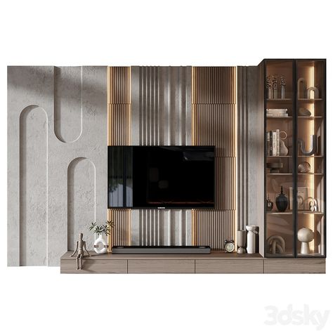 TV shelf 0807 - TV Wall - 3D model Tv Unit Shelf Design, Tv Unit Lighting, Tv Ledge, Tv Wall Panel Design, Unique Tv Unit Design, Tv Unit Wall Design, Bedroom References, Tv Panel Design, Dressing Mirror Designs