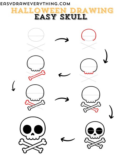 Simple skull drawing Simple Skull Sketch, Skeleton Head Drawing Easy, Easy To Draw Skull, Skull Step By Step Drawing, Halloween Drawing Step By Step, Skull Drawing Simple Step By Step, Small Skull Drawing, Easy Skull Drawing Simple, Skull Simple Drawing