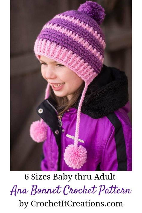 Crochet Bonnet Pattern available in 6 sizes! Crochet Bonnet Pattern, Bonnet Crochet Pattern, Childrens Crochet Hats, Crochet Baby Blanket Beginner, Crochet Bonnet, Crochet Baby Hat Patterns, Crochet Kids Hats, Bonnet Pattern, Baby Hat Patterns