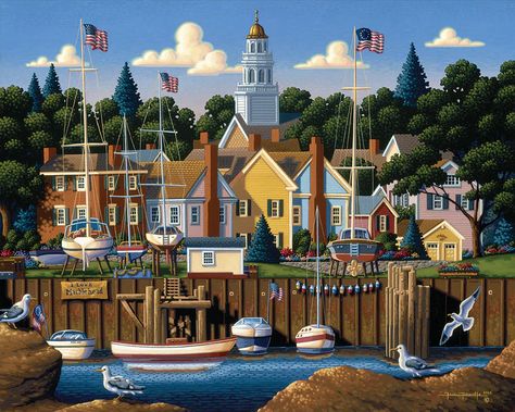 Fine Art by Eric Dowdle | Dowdle Folk Art | 10 Marblehead Massachusetts, Stadium Art, 500 Piece Jigsaw Puzzles, American Painting, 500 Piece Puzzles, Puzzle Art, American Cities, Naive Art, Folk Art Painting