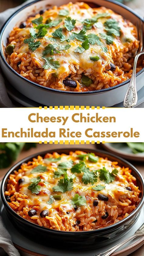 Get ready for a flavor explosion with Chicken Enchilada Rice Casserole! Featuring shredded chicken, creamy cheese, and zesty enchilada sauce, this dish is the perfect balance of hearty and flavorful. Ideal for feeding a crowd or enjoying leftovers, it’s an easy-to-make recipe packed with bold Tex-Mex goodness. Make it tonight for a fuss-free meal the whole family will devour! Shredded Chicken Rice Casserole, Meals Using Shredded Chicken, Chicken Enchilada Rice Casserole, Enchilada Rice Casserole, Chicken Enchilada Rice, Enchiladas Casserole, Enchilada Rice, Casserole To Freeze, Chicken Enchilada Casserole Recipe