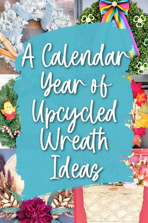 Changing out the wreath on your front door is a fun and festive way to mark time throughout the year. And if upcycling is your favorite way to craft and create, then this calendar of upcycled wreaths is just the inspiration you need! Seasonal Door Wreaths, Year Round Wreath Ideas, Diy Front Door Wreaths Year Round, Unconventional Wreaths, Front Door Wreaths Year Round, Front Door Wreath Ideas, Easter Wreath Ideas, Unique Wreaths, Welcome Images