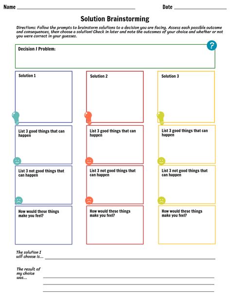 With this worksheet, students will list several solutions and outcomes to a decision they have to make, and check in later to see how the solution they chose ended up. Decision Making Therapy Activities, Making Good Choices, Making Good Decisions Activities, Choices And Consequences Activities, How To Make Decisions, Catastrophic Thinking Worksheets, Decision Making Worksheet, How To Make A Decision, Make A Decision Worksheet