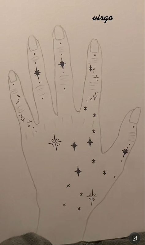 Virgo Star Constellation Tattoo Hand, Virgo Constellation Tattoo Hand, Virgo Hand Tattoos For Women, Virgo Constellation Tattoo Stars, Virgo Hand Tattoos, Hand Constellation Tattoo, Virgo Tattoo Constellation, Virgo Aesthetic Tattoo, Virgo Drawings