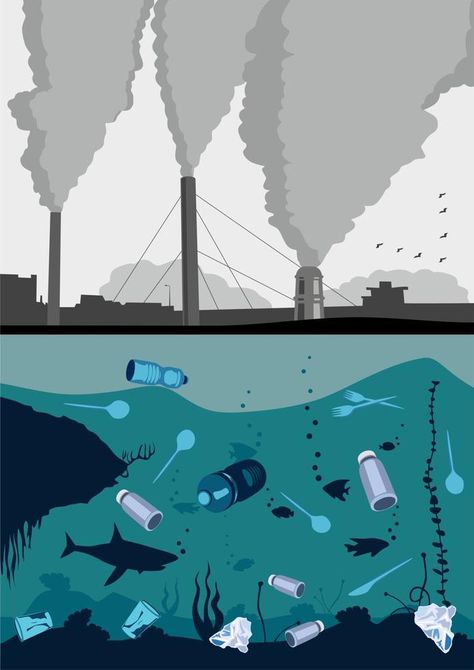 Underwater life template. Ocean bottom with seaweeds. Marine scene. Stop plastic pollution. Plastic bottles, bags, knifes, spoons, forks. Air pollution. Birds. Sky. Environment. Dangerous industry Life Below Water Poster, Water Pollution Drawing Easy, Water Pollution Poster, Sky Environment, Pollution Pictures, Animated Earth, Stop Plastic Pollution, Save Water Poster, Life Template