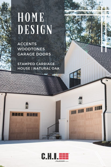 natural oak faux wood garage doors on white and black modern farmhouse with top row of windows Wood Garage Doors White House, Garage Doors Farmhouse, Oak Garage Doors, Wayne Dalton Garage Doors, Black Garage Door, Faux Wood Garage Door, Carriage House Garage Doors, Garage Door House, Wood Garage