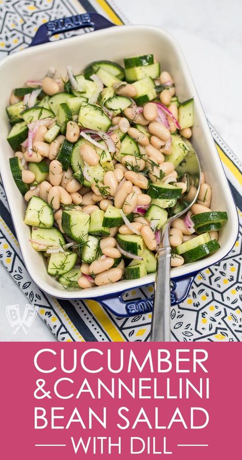 This quick & easy side dish is a favorite in my house, and a total lifesaver on busy summer nights when I don't want to turn on the stove or oven! Just 6 ingredients and a few minutes and it's ready! | Cucumber & Cannellini Bean Salad with Dill | #vegan # Cannellini Bean Salad, Salad With Dill, Cannellini Bean, Bean Salad Recipes, Decorações Com Comidas, Easy Side Dish, Cucumber Recipes, Fresh Dill, Mediterranean Diet Recipes