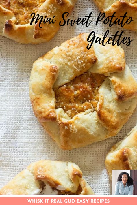 These mini sweet potato pies makes a delicious gift as well! Buttery, flaky homemade pie crust with a flavorful rich sweet potato filling and fall spices! #sweetpotato #sweetpotatogalettes #whiskitrealgud @whiskitrealgud | whiskitrealgud.com Sweet Potato Galette, Double Crusted Sweet Potato Pie, Wedges Potato, Sweet Potato Filling, Yam Recipes, Potato Galette, Sweet Potato Pies, Southern Recipes Desserts, Potato Filling