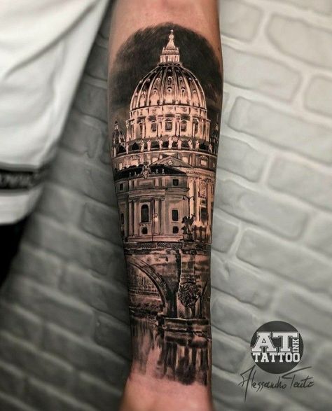 Italian Tattoo Sleeve, Italian Mythology Tattoo, Rome Tattoo Men Arm, Italian Tattoo Ideas, Awesome Sleeve Tattoos, Rome Tattoo, Building Tattoo, Side Thigh Tattoos, Italian Tattoos