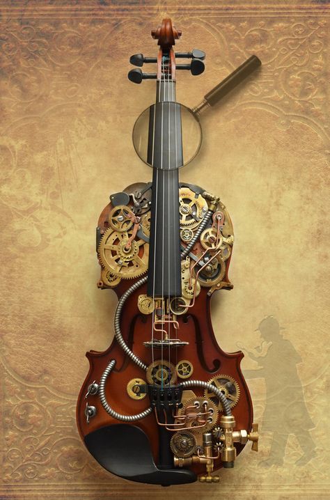 Violin Inspiration, Sherlock Violin, Steampunk Violin, Fantasy Violin Design, Steampunk Musical Instruments, Beautiful Violin Design, Violin Decoration, Cool Violins, Violin Design