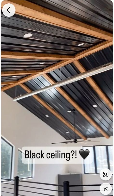 Metal Sheet Ceiling, Metal Ceiling Design, Black Metal Ceiling, Metal Ceilings, Metal Sheets, Spray Foam Insulation, Black Ceiling, Spray Foam, Metal Ceiling