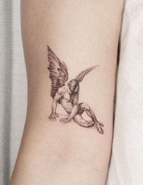 Angle Tattoo For Men, Angel Tattoos For Men, Dark Angel Tattoo, Angel Sleeve Tattoo, Angel Tattoo For Women, Angle Tattoo, Fallen Angel Tattoo, Cupid Tattoo, Tattoos For Men And Women