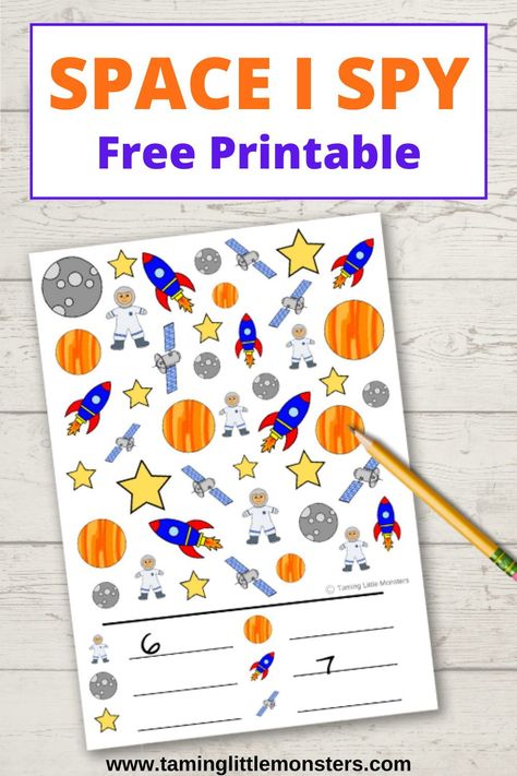 Space I Spy - Free Printable for Kids. Great way for preschoolers and kindergartners to practice counting. #space #freeprintable #math #preschool #kindergarten Space Activities Preschool, Space Lesson Plans, Outer Space Activities, Space Theme Preschool, Math Preschool, Space Activities For Kids, Space Lessons, Space Preschool, Free Printables For Kids