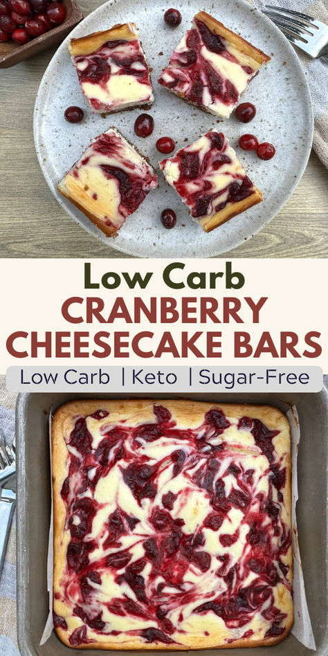 You don't have to like cranberry sauce to love these keto and low carb cranberry cheesecake bars! As long as you love a creamy cheesecake with a sweet yet tangy sauce, then you'll love these bars. Plus, they're made with a crunchy pecan crust, which is absolutely delicious! Keto Cranberry Recipes, Keto Pies, Cranberry Cheesecake Bars, Keto Cranberry, Low Carb Christmas, Cranberry Dessert, Pecan Crust, Cranberry Cheesecake, Keto Christmas