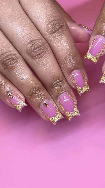 Pink With Gold French Tip, Pink N Gold Nails, Gold Foil French Tip Nails, Foil French Tip Nails, Pink And Gold Acrylics, Pink And Gold French Tip Nails, Pink Nails With Gold Foil, Gold Tips Nails, Pink And Gold Nail Designs