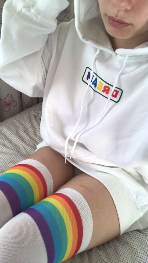 dream merch pride hoodie thighs rainbow socks thigh highs no face oversize hoodie Oversized Hoodie And Thigh High Socks, Hoodie And Thigh High Socks, Skirt And Thigh Highs, Oversized Hoodie Outfit, Pride Hoodie, Big Hoodies, Thigh Socks, Baggy Shirts, Rainbow Socks