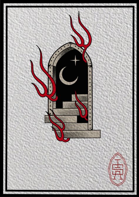 Door Tattoo Traditional, Castle On Fire Tattoo, Portal Door Tattoo, Burning Church Traditional Tattoo, Doorway Tattoo Traditional, Yu Gi Oh Tattoo Ideas, Shrine Tattoo, Doorway Tattoo, Portal Tattoo