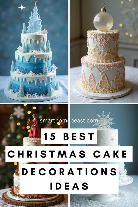 An image featuring stunning Christmas cake decoration ideas, showcasing winter-themed cakes, vintage-inspired designs, elegant snowflake details, and festive color palettes to inspire the holiday spirit. Elegant Christmas Cakes Beautiful, Snowflake Theme Cake, Holiday Cakes Winter, White Christmas Cake Designs, Cakes Decorated For Christmas, Mini Christmas Cakes Decoration, Amazing Christmas Cakes, Christmas Cakes Decorated, Pretty Christmas Cake