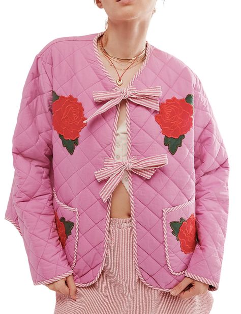 PRICES MAY VARY. Hand Wash Only Quilt Cardigan, Rose Print, Quilted Jacket, Puffer Jacket, Puffer, Floral, Pink, Design, Patchwork