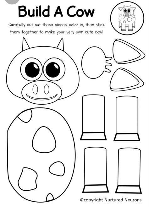 Cow Kindergarten Activities, Cow Craft Kindergarten, Cow Worksheets Preschool, Cut And Glue Activities For Kids, Cow Activities For Preschool, Cow Crafts Preschool, Cut And Paste Activities For Kids, Paper Craft Animals, Cut And Paste Crafts