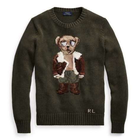 Aviator Polo Bear Jumper Ralph Lauren Bear Sweater, Polo Bear Sweater, Sweaters Ralph Lauren, Ralph Lauren Bear, Ralph Lauren Looks, Jumper For Women, Green Bear, Bear Sweater, Women Ralph Lauren