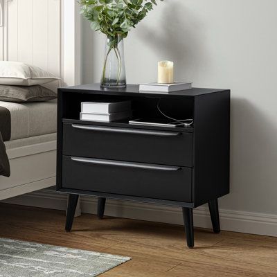 The Mid-century Modern nightstand is a stylish and versatile table furniture piece that seamlessly blends functionality and design. Featuring two spacious drawers and an open shelf, it offers ample storage space for your various bedside essentials. The end table is thoughtfully equipped with a convenient cable management system, ensuring that cords and cables stay organized and hidden from view. Furthermore, it includes a built-in charging station, keeping your electronic devices conveniently ac Farmhouse Armchair, Mid Century Modern Nightstand, Mid Century Nightstand, Nightstand With Charging Station, Velvet Living Room, 2 Drawer Nightstand, Modern Nightstand, Wood Nightstand, Open Shelf