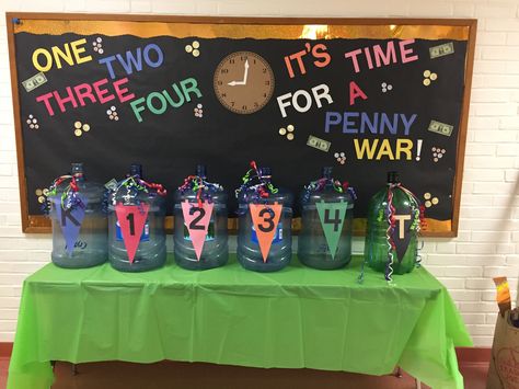 Penny war bulletin board Pbis Fundraising Ideas, March Student Council Ideas, Elementary School Competitions, Pto Membership Ideas, Ptfa Ideas Fundraising Schools, Fun School Fundraising Ideas, School Booster Club Ideas, Pta Fundraising Ideas School Fundraisers, Pta Ideas Events