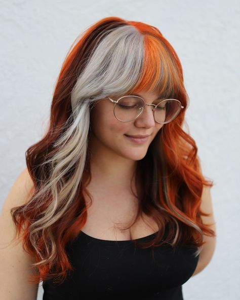 Calico Color block for this babe! ✨ Achieve using @dangerjonescreative ✨ #dangerjones #dangerjonescreative #calicohair #colorblockhair #althair #orlandohair #hairdesign #orlandohairstylist #fallhaircolor Fox Dyed Hair, Grey Blending, Color Block Hair, Inspiring Hairstyles, Vivid Hair, Red Hair Color, Fall Hair Color, Dream Hair, Hair Designs