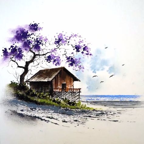 Beautiful Watercolor Paintings Nature, Watercolor Scenery Painting, Oil Pastel Landscape, Watercolor House Painting, Watercolor Scenery, Watercolor Paintings Nature, Watercolor Art Landscape, Japan Painting, Art Tutorials Watercolor