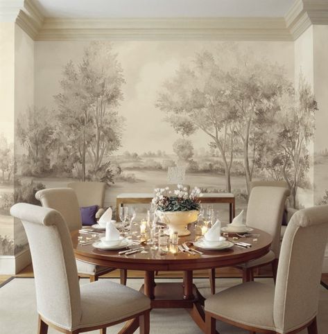 Susan Harter, Dining Room Mural, Dining Room Murals, Compact Kitchens, Transitional Dining Room, Dining Room Wallpaper, Scenic Wallpaper, Antique Modern, Transitional Living Rooms