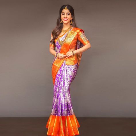 Lilac Pattu Saree, Nabha Natesh, Easy Hairdos, Silk Saree Kanchipuram, Blouse Embroidery, Latest Designer Sarees, Sore Eyes, Indian Bridal Wear, Blouse Models