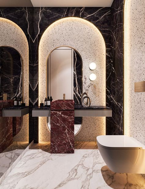 #backsplash #bathroomideas #decor #interiors #urinal #tissue #basin #drywall #clean #pvc #homeinterior Luxury Powder Room Design Modern, Bathroom Vanity Display, Powder Washroom, Washroom Vanity, Toilet Design Modern, Small Bathroom Mirrors, Luxury Vanity, Large Bathroom Mirrors, Oval Mirror Bathroom