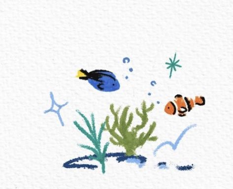 Easy Aquarium Drawing, Aquarium Aesthetic Drawing, Ocean Plants Drawing, Sea Aesthetic Painting, Aquarium Sketch, Underwater Doodles, Watercolor Art Fish, Aquarium Tattoo, Ocean Sketches