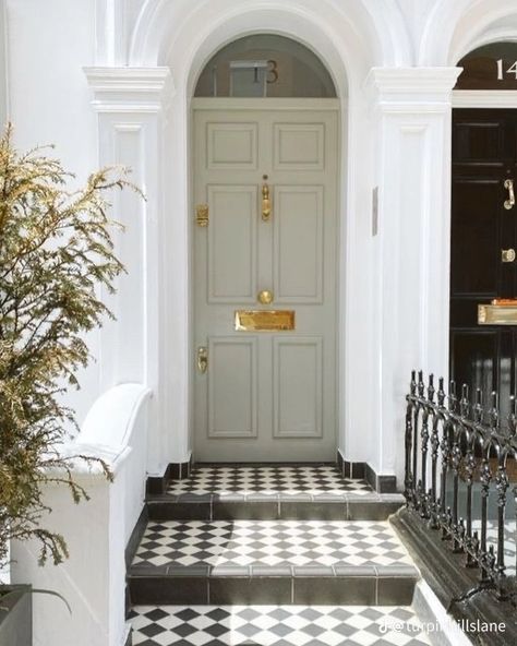 European Front Door Entrance, English Front Doors Entrance, Coloured Front Door White House, Victorian House Front Door, Victorian Front Door Colours, English Cottage Front Door, Townhouse Front Door, Front Door Colors With White House, Exterior Back Door