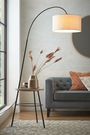 Floor Lamps Living Room Corner Reading Chairs, Lamp For Living Room Floor, Tall Cupboard Living Room, Lamp By Couch, Lamp Next To Couch, Arching Lamp Living Room, Cool Floor Lamps Living Room, Living Room Lamps Floor Corner, Stand Light Lamp Living Rooms