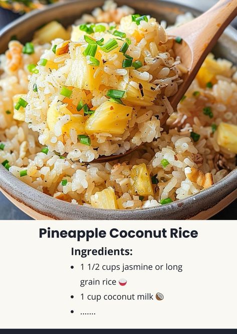 (3) Tasty Cooking - easy & yummy | Pineapple Coconut Rice 🍍🍚 | Facebook Coconut Pineapple Rice Recipe, Coconut Pineapple Rice, Pineapple Rice Recipes, Hawaiian Rice, Coconut Jasmine Rice, Pineapple Shrimp, Pineapple Rice, Roasted Pineapple, Rice Side