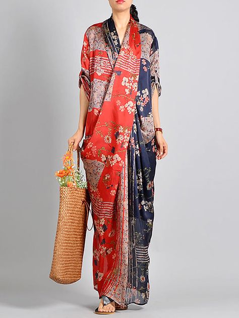 Plus Size - Spliced Floral Print Vintage Tencel Women Dress – BUYKUD Silk Robes, Mode Kimono, Stitching Dresses, Print Dresses, Loose Dress, Spring Dress, Mode Inspiration, Linen Dresses, Work Outfits