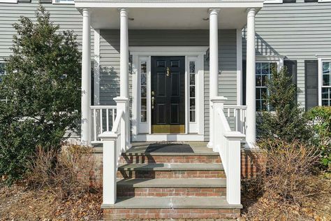 Front Door Entrance With Stairs, Red Brick Steps Front Porches, Exterior Porch Ideas, Front Porch Stone Steps, Brick Front Porch, Front Porch Pictures, Porch Handrails, Red Door House, Front Porch Stone