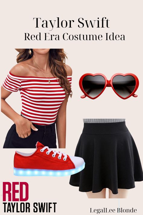 Taylor Swift Red Era: Easy DIY Halloween Costume! Click through for shopping links and more outfit ideas for this easy taylor swift costume! Swiftie Night Outfit, Ts Red Era, Taylor Swift Inspired Outfits Plus Size, Taylor Swift Red Era Inspired Outfits, Taylor Swift Eras Costume Red, Taylor Swift Red Era Costume, Taylor Swift Red Era Outfits Plus Size, Taylor Swift Costume Ideas Red, Taylor Swift Red Album Inspired Outfits