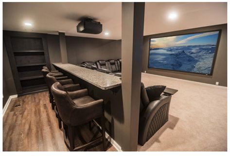 Comfy Home Theater Ideas, Basement Home Theater Paint Colors, Basement With Projection Screen, Basement Ideas Theater, Custom Basement Ideas, Beach House Basement Ideas, Brown Basement Ideas, Home Theater Rooms Small Interior Design, Small Basement Theater